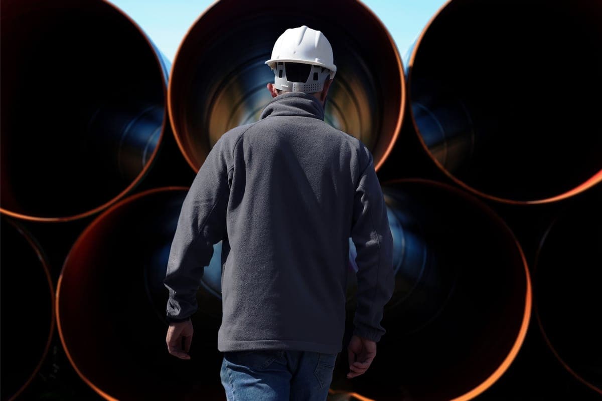 Opérateur casqué inspectant des tubes industriels