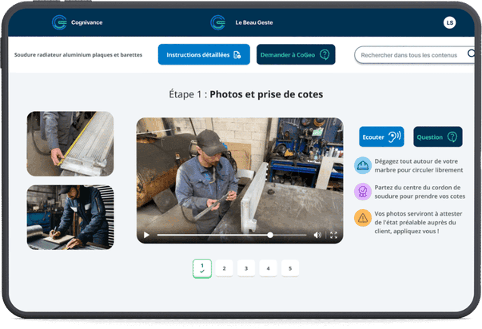 Instructions de travail interactives sur tablette — étape photos et prise de cotes